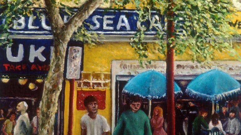 colourful painting of yellow shop fronts with trees and umbrellas in front